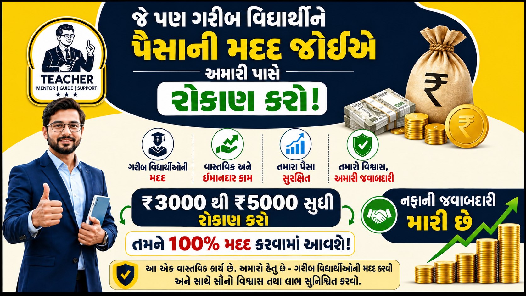 બધા ગરીબ વિદ્યાર્થીઓ 3000 રૂપિયાનું રોકાણ કરો 45 મિનિટ રાહ જુઓ અને 12000 રૂપિયા મેળવો, તમારા પૈસા મારી જવાબદારી રહેશે.
