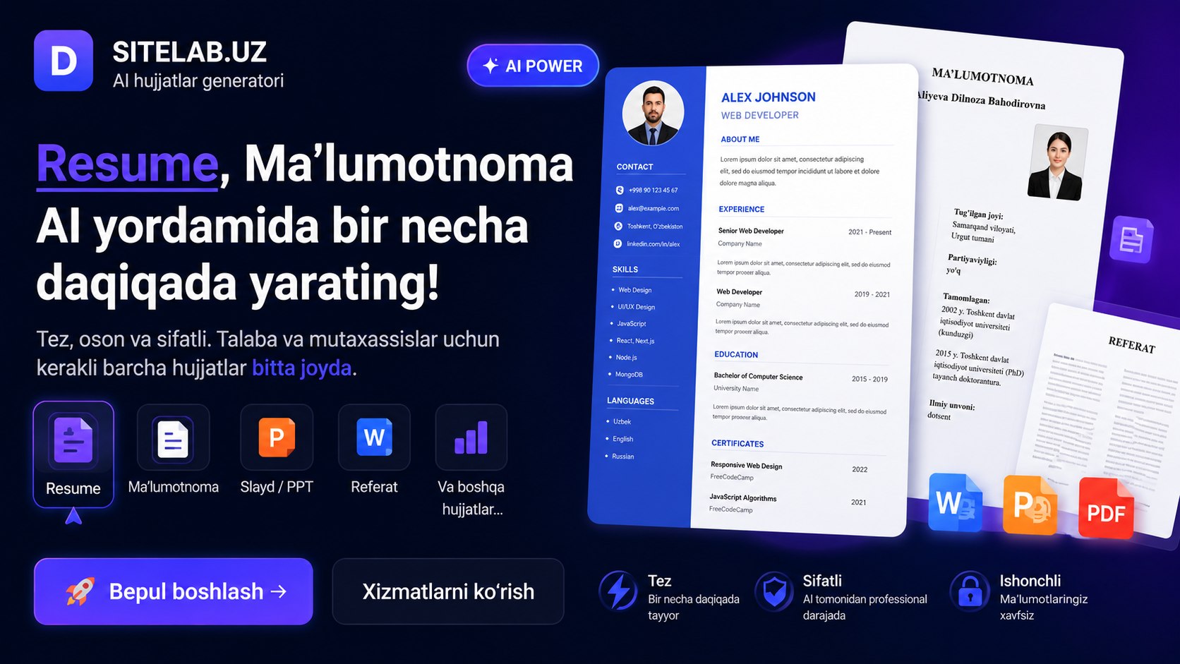 Sitelab.uz AI orqali Slayd, Referat, Rasmlar tayyorlang
